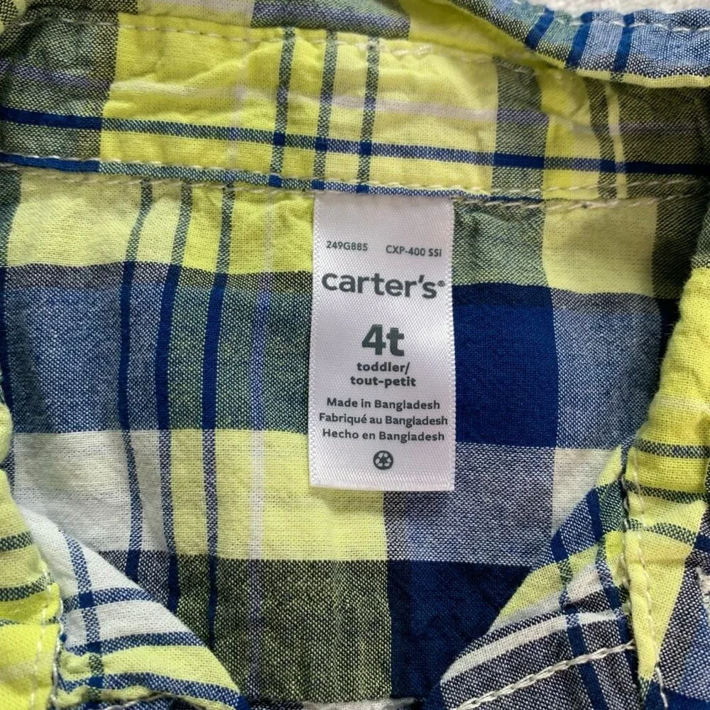 5/$25 Carter's‎ Toddler Boys 4T Plaid Button Down Shirt Navy Lime Green Dinosaur